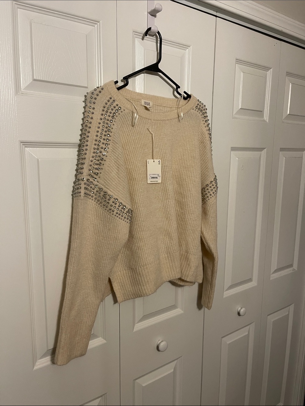 a.n.a Cream Crewneck Sweater with Silver Stud Accents